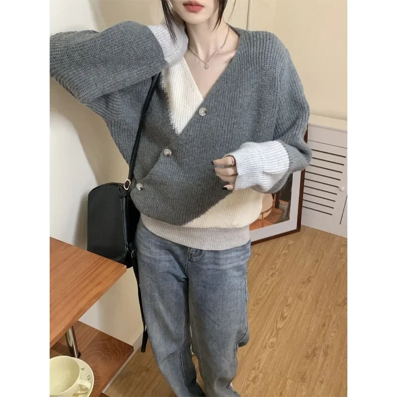 Korean Fashion Women's Sweater Oversize Winter Knit Jumper Long Sleeve V-neck Pullovers Patchwork Grey Sweaters Aesthetic