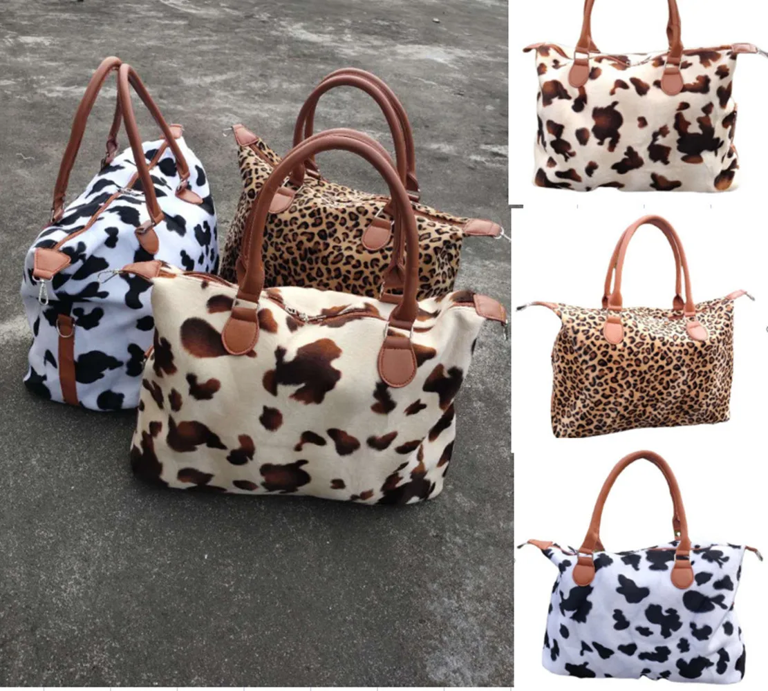 Ladies' weekend travel bag, hairy cow leopard print short distance travel bag, clothing suit bag storage hand bag ladies bolsas