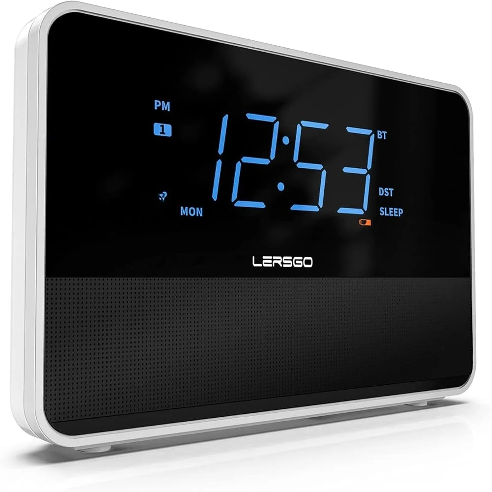 

Bluetooth Alarm Clock Radio with HD Sound Bass Blue Display Auto Dimmer Snooze Sleep Timer Adjustable Volume Corded Electric