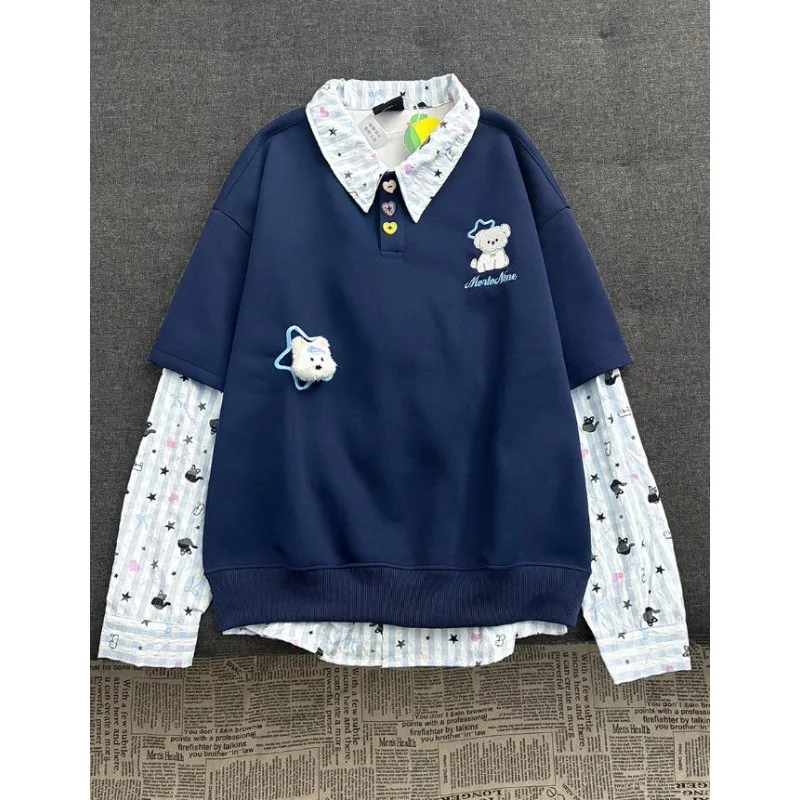 

Cute Embroidered Puppy Fake Two-piece Polo Collar Sweatshirt for Women Autumn Korean College Style Patchwork Shirt Top Trendy