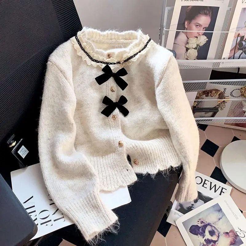 Gagaok French Style Cardigans Sweet Bow Lace Round Neck Knitted Cardigan Outwear Gentle Autumn Slim Sweater Coat Long Sleeve Top