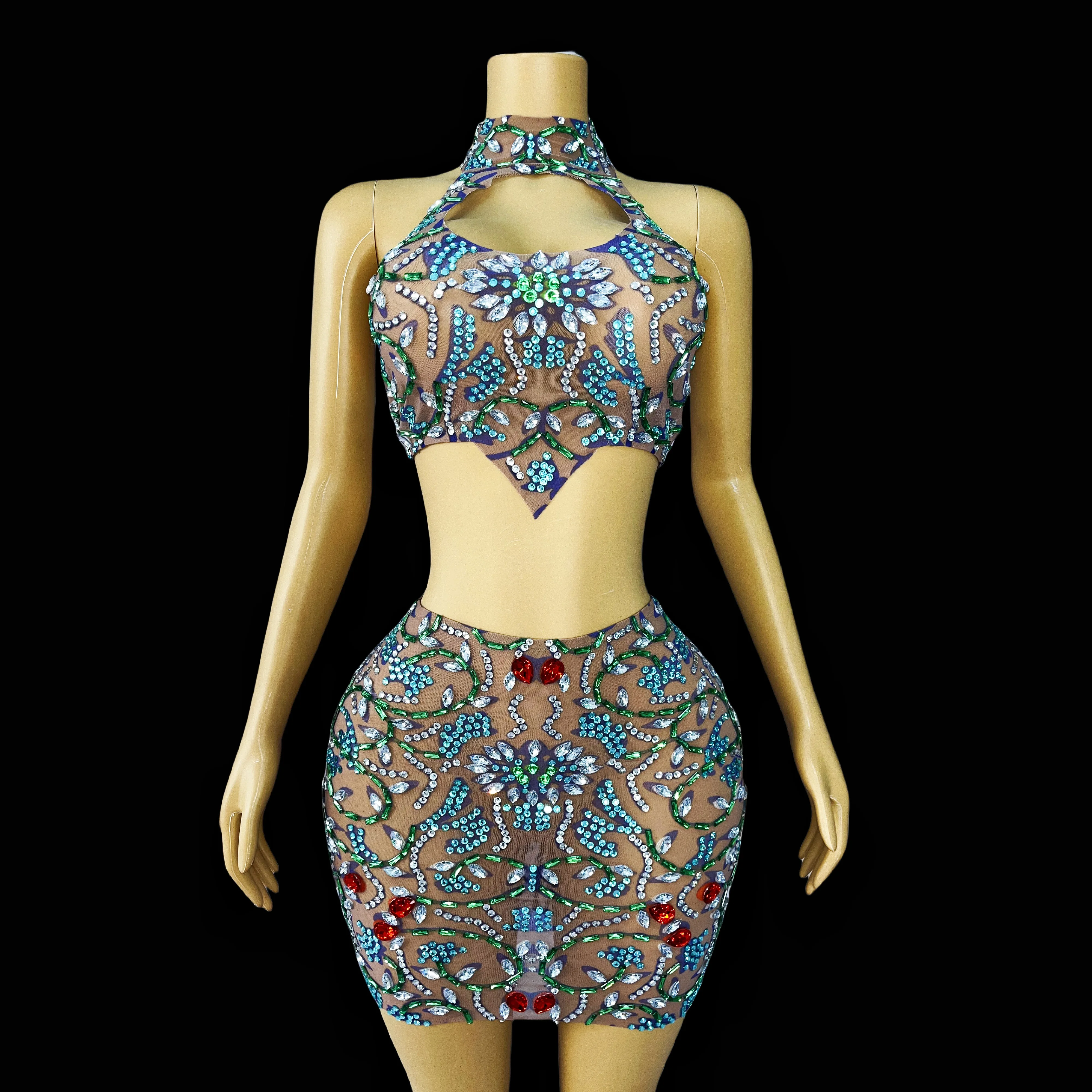 

Colorful rhinestone sleeveless split skirt open waist sexy high slit skirt Nightclub birthday ball series huacong