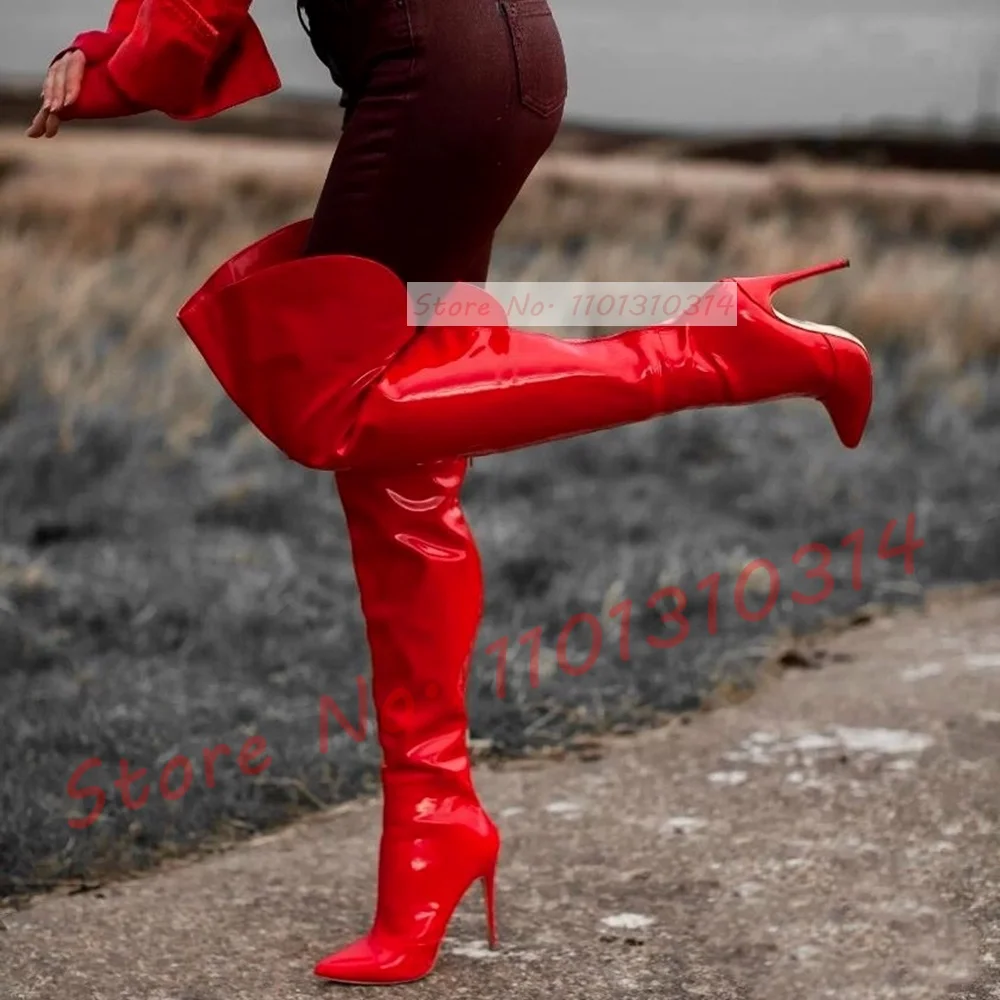 

Red Back Cutout Long Boots Women Slouchy Sexy Pointy High Heels Over Knee Shoes Patent Leather Splicing Outfit Stylish Boots