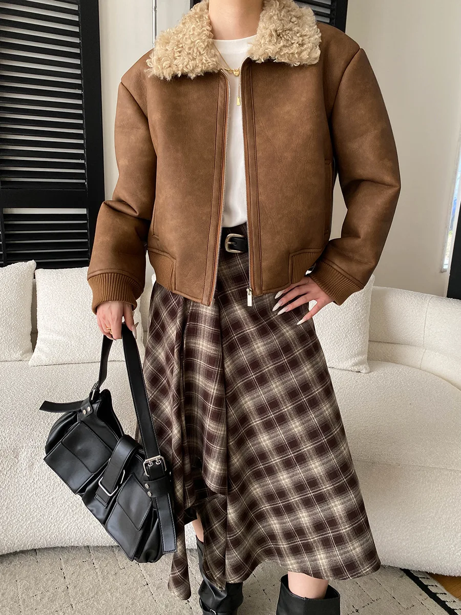 

Women's casual solid color American retro imitation fur one-piece lamb wool short jacket