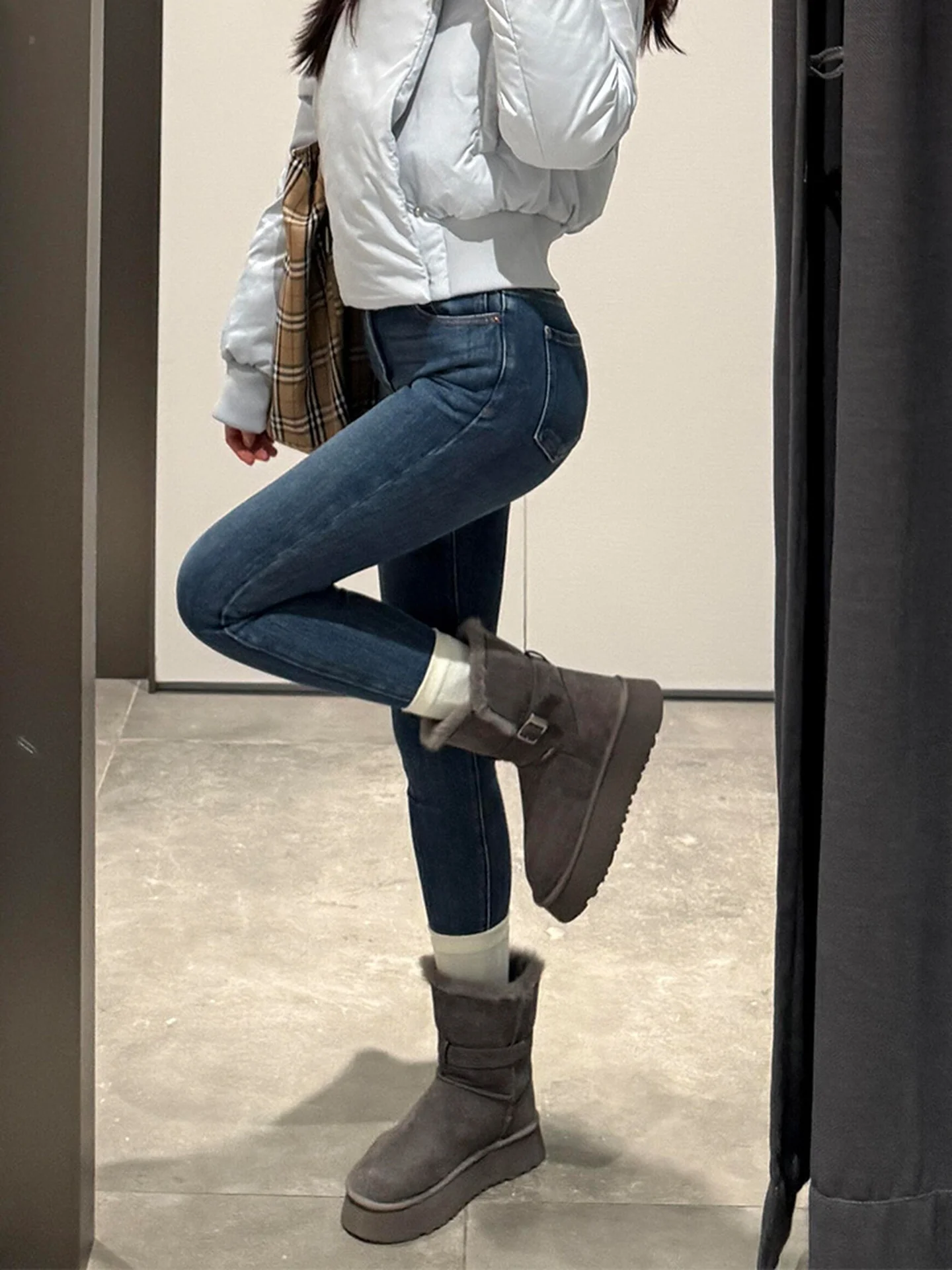 Fce 라인드 티엔드 스키니 나인-풋 진 여성용 가을 겨울 신상 섹시 슬림핏 펜슬 진 로우 웨이스트 디스트레스드 데님