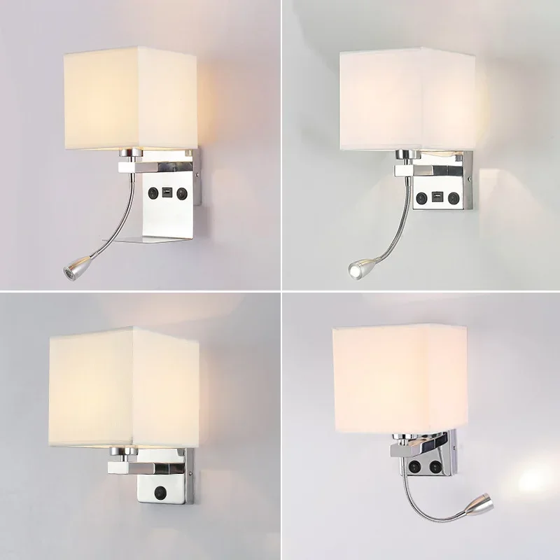 

New Fashion American Fabric Wall Lamp Simple Personality USB Charging Jack Hotel Bedroom Reading Bedside Lamp Wall Lighting Lamp