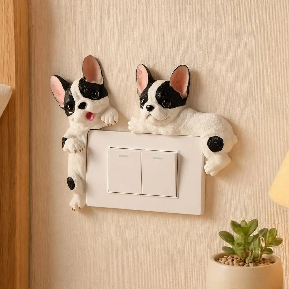 3D French Bulldog Resin Light Switch Cover Cute Cartoon Dog Wall Socket Decor Self Adhesive Animal Switch Plate Sticker Home