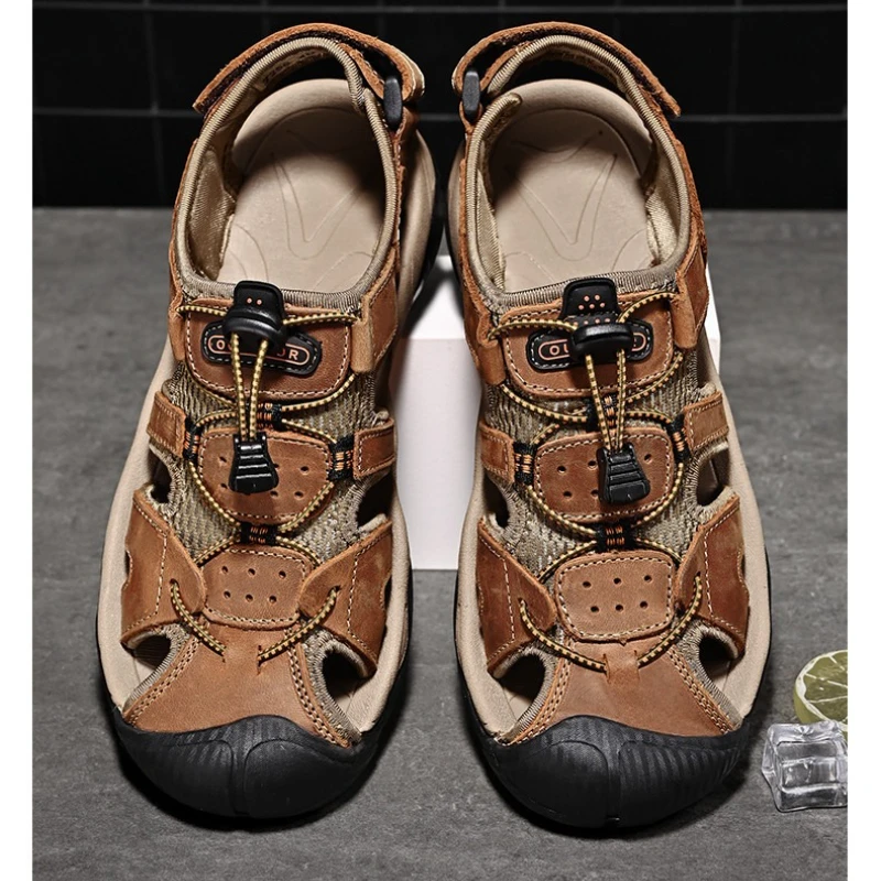 

Мужские повседневные пляжные кожаные сандалии большого размера Baotou, летние уличные дышащие сандалии Trail