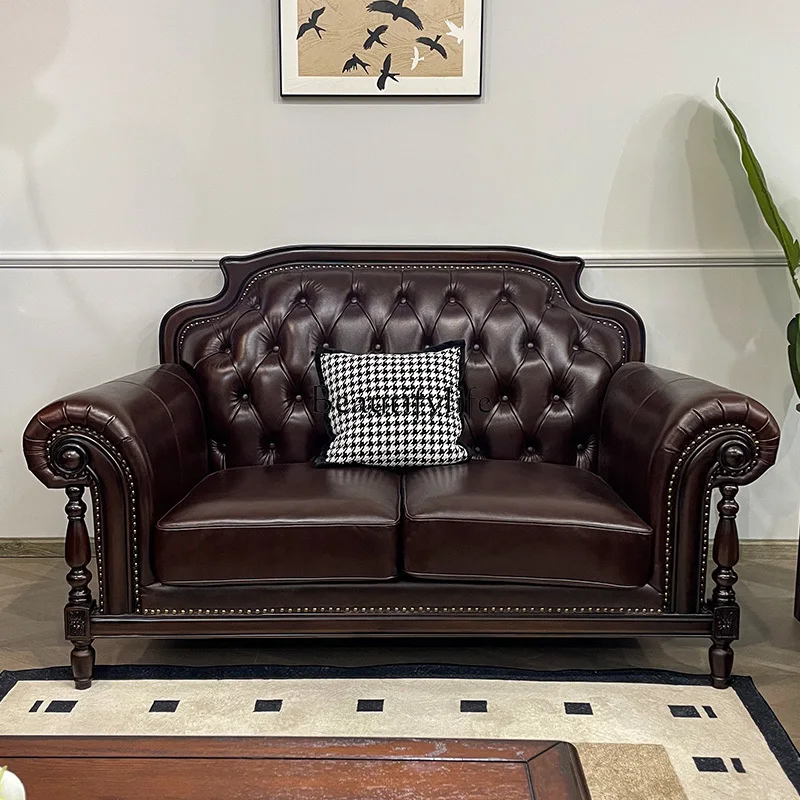 

04American rural retro leather sofa small apartment living room simple