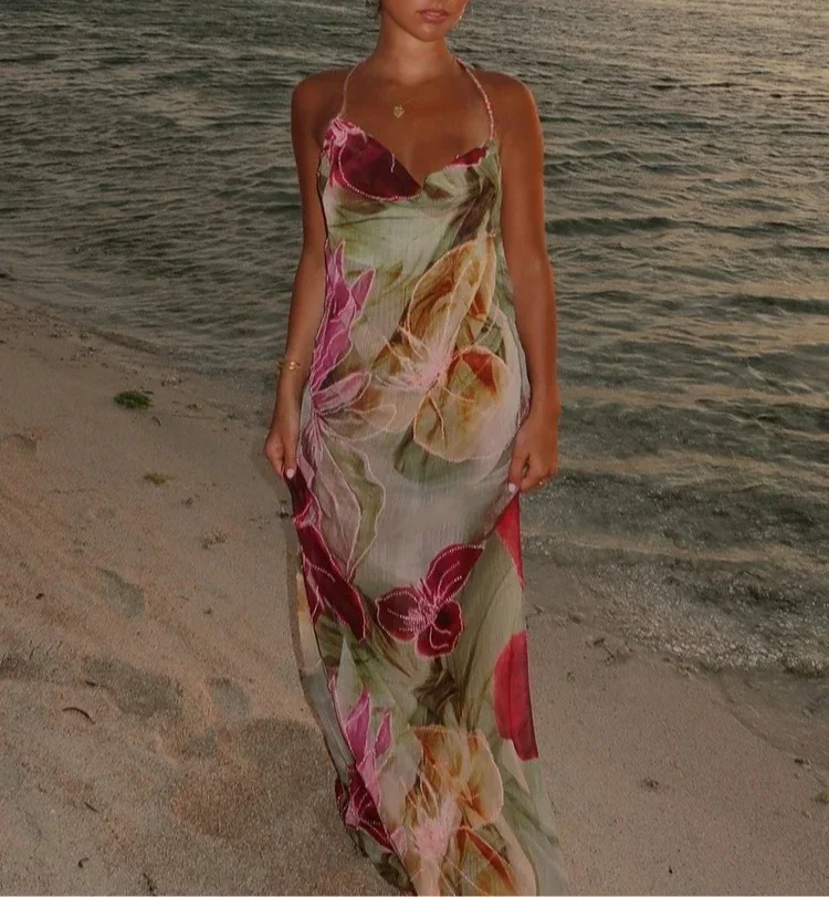 

Bead Chain Halter Dress Y2K Floral Print Elegant Sexy Swing Collar Backless Birthday Midnight Party Split Maxi Bodyco