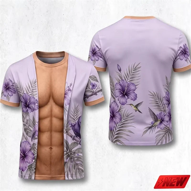 Men Funny Fake Muscle Abs T Shirt 3D Print Tropical Palm Leaf Floral Short Sleeve Tee Summer Vacation Party Novelty Casual Top
