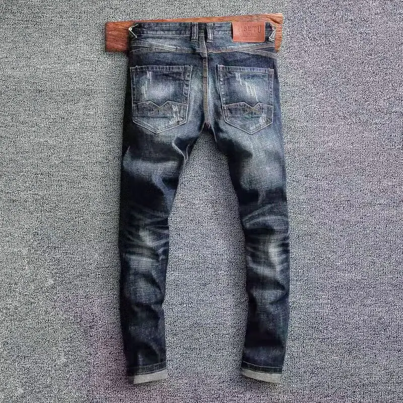 Italian Style Fashion Men Jeans Retro Blue Slim Fit Ripped Jeans Men Stretch Trousers Vintage Designer Casual Denim Pants Hombre