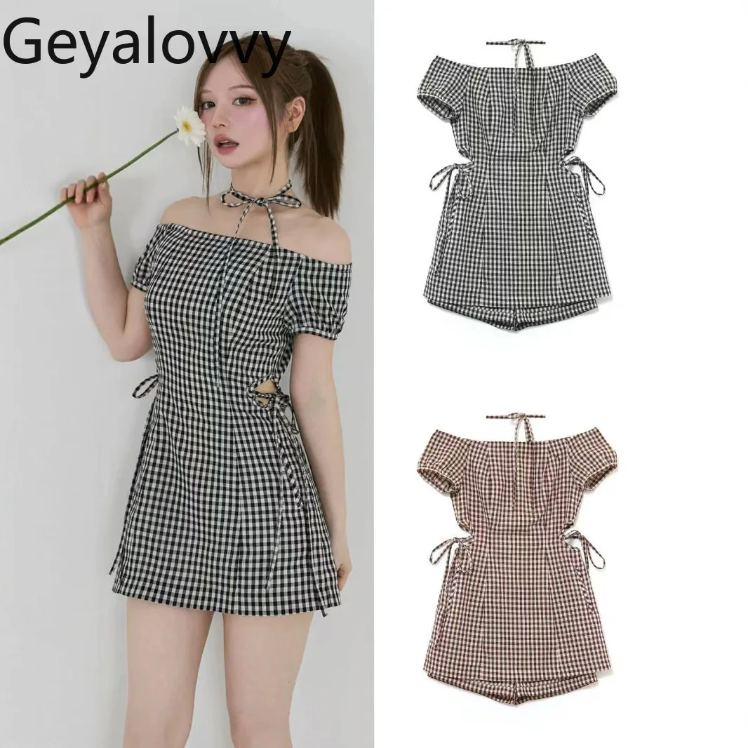 

Japanese Style Plaid Off-the-shoulder Hollow Strap Short Sleeve Dress 2025 New Waist and Thin Women's Casual Dresses