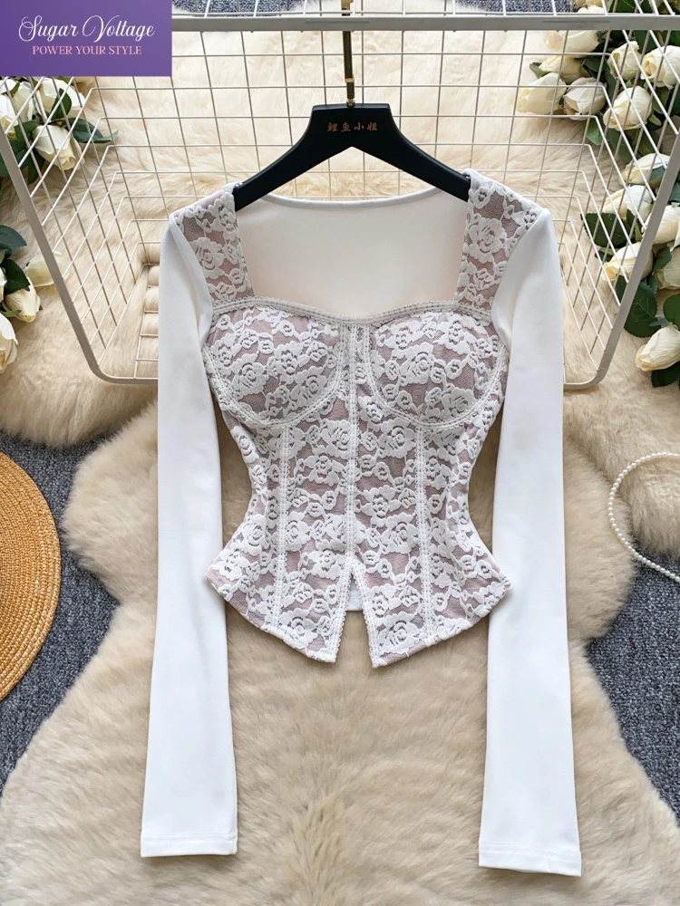 

Французский нежный элегантный топ, женский приталенный топ, кружевная блузка с длинным рукавом и квадратным вырезом, нежная модная рубашка, мягкий романтический повседневный наряд