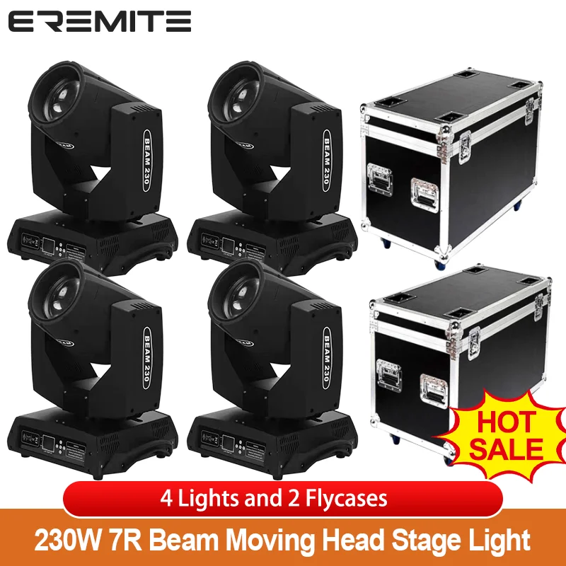 4Lights and 2Case /Lot  Beam 7r 230W Moving Head Stage Light Dmx Control Party Wedding Dj Bar Effects Machine Led Spot Wash Zoom