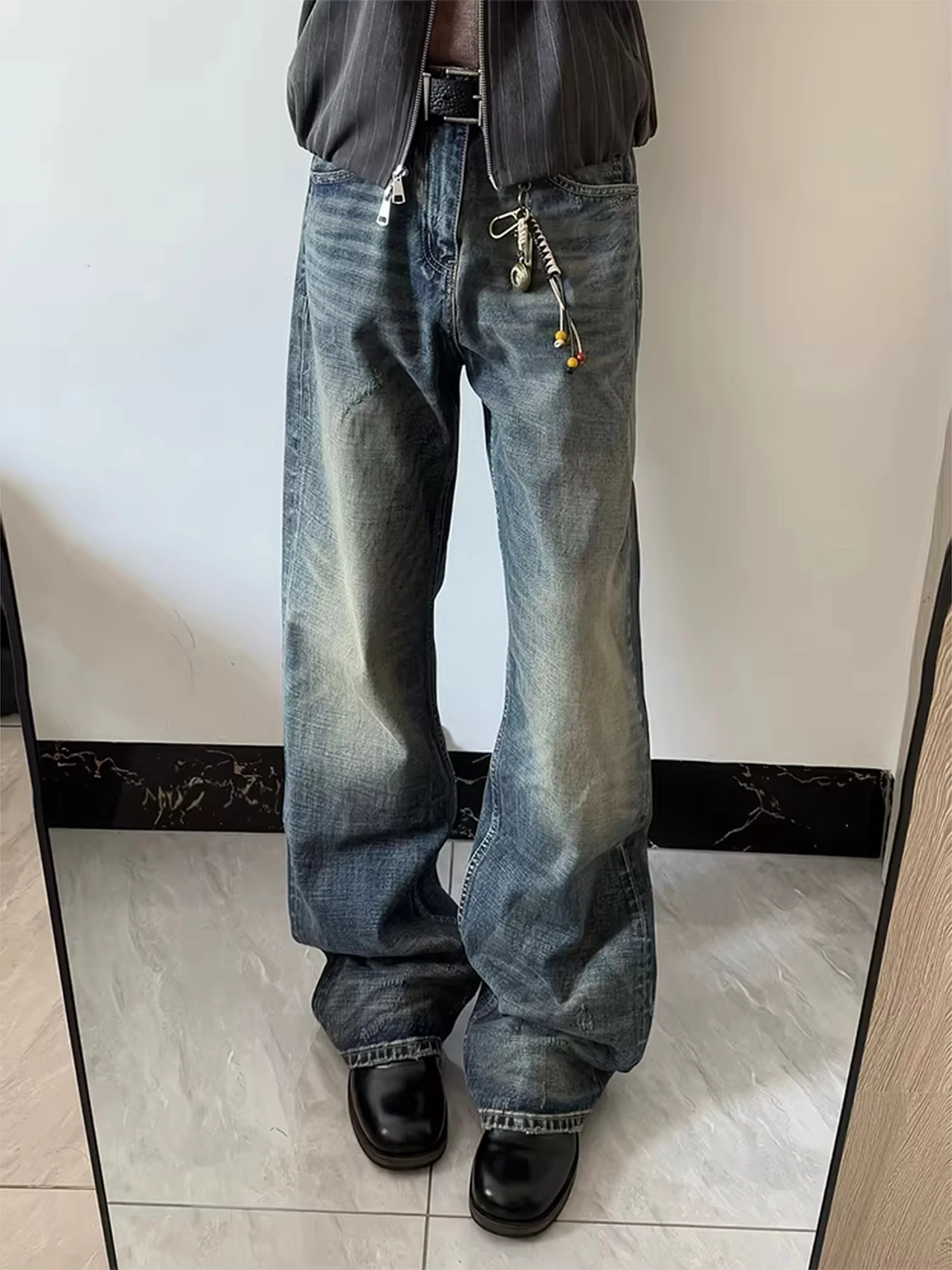 

American Waed Pattern Men's Jeans Spring High Street Vibe Knife Pants Cleanfit Flared Legs Straight Tube Trousers