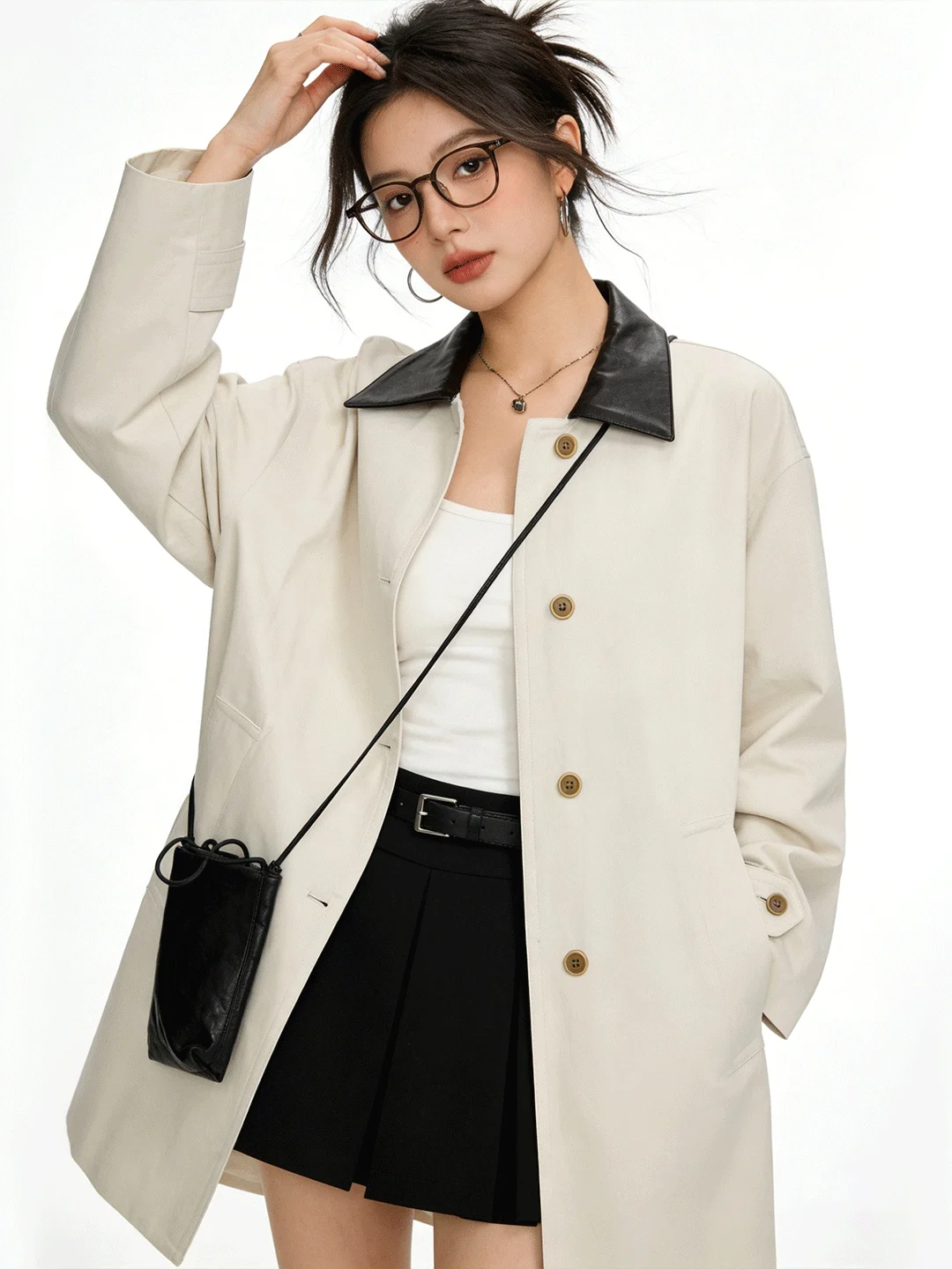 

Korean Sle Loose Women's Windbreaker Coat with Leather Collar Casual Spring Faion Breathable Stand Fit Ladies Jaet
