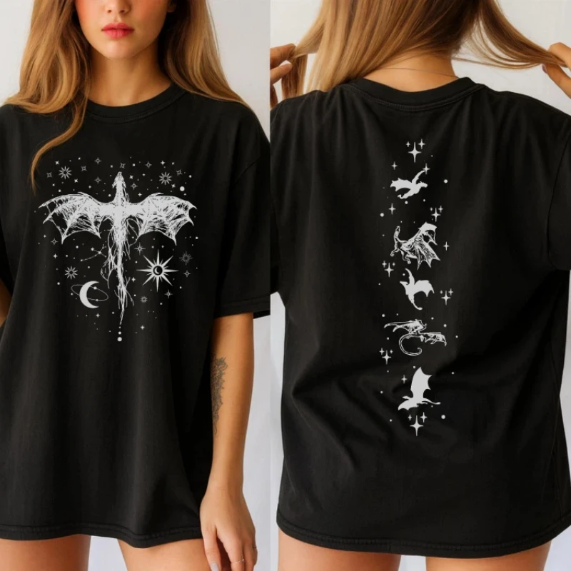 Vintage-Drachen-T-Shirts für Damen, lässige Mode, Sommer, koreanische hochwertige Oberteile, lockere T-Shirts mit O-Ausschnitt und kurzen Ärmeln – Detail 2