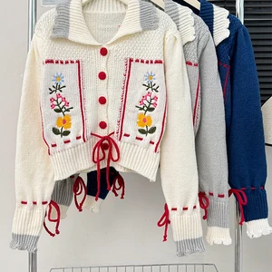 Colarinho Peter Pan vintage bordado com renda suéter feminino, cardigã de malha estilo coreano, tops de manga comprida, casaco outono, doce 10 principais vendas sueter gola peter pan - №6