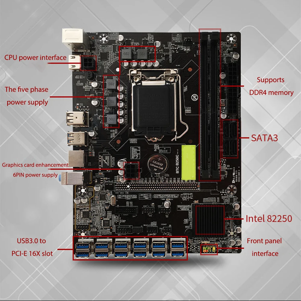 Placa base BTC-B250 para minería, tarjeta madre 12xusb 3,0 a PCI-E 16X, ranura para tarjeta gráfica DDR4 Max Miner, LGA 1151, compatible con CPU I6 I7