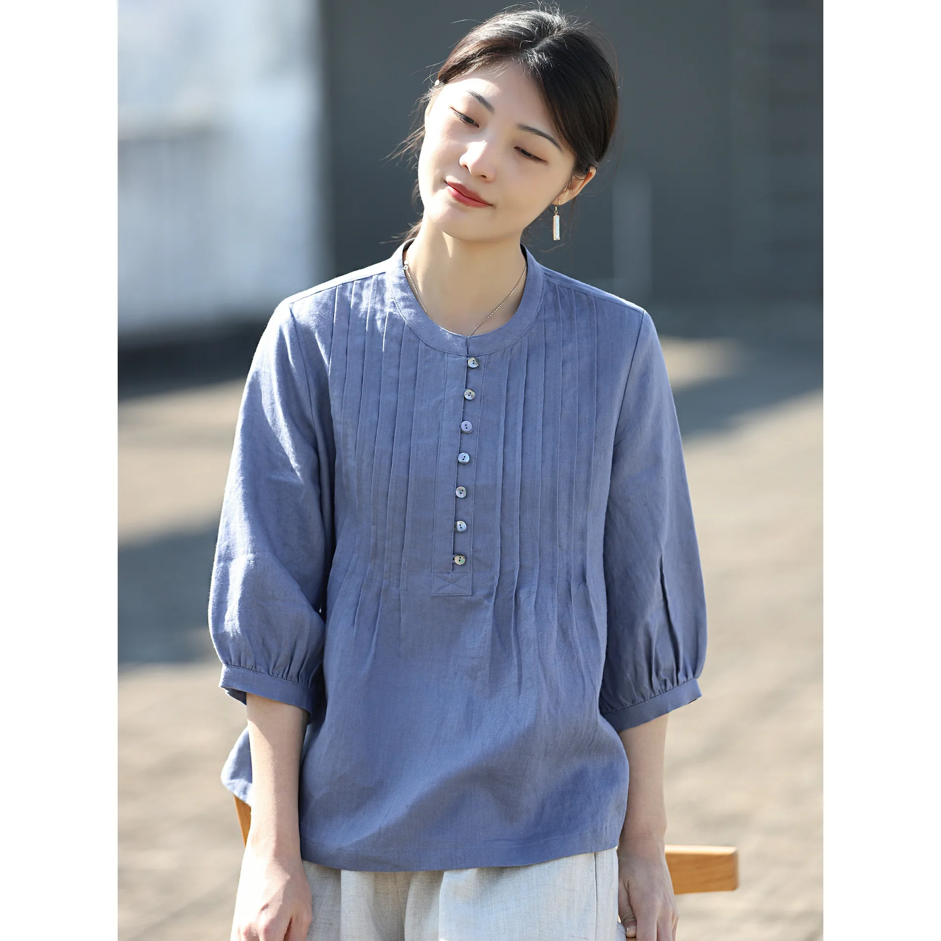 100% Linen Women Casual Shirt New Arrival 2025 Summer Vintage Style O-neck Solid Color Loose Female Tops Shirts M1410