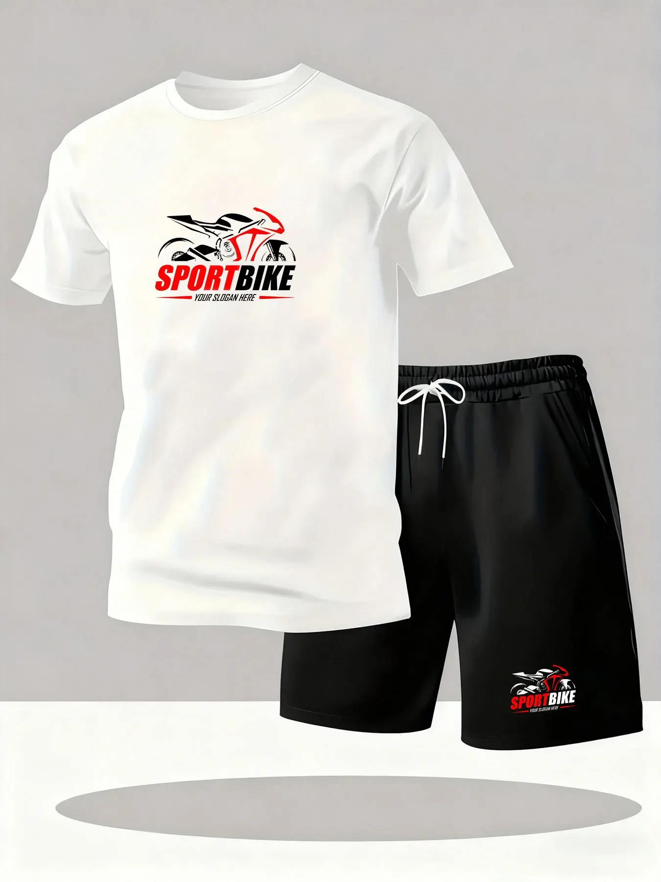 

Men Fashion Summer Sport Set Cool Motorcycle Print Crew Neck Tshirt Elastic Drawstring Shorts Breathable Quick Dry Daily Casual