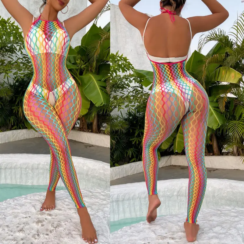 Body de rejilla de colores para mujer, lencería transparente de arcoíris erótico, ropa interior Porno de peluche, Sexy, caliente