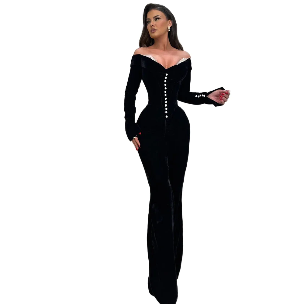 Luxuriöse schwarze Samt-Abschlussballkleider mit langen Ärmeln, Meerjungfrauen-Abendkleid, Vestidos Graduacion, individuell gestaltet
