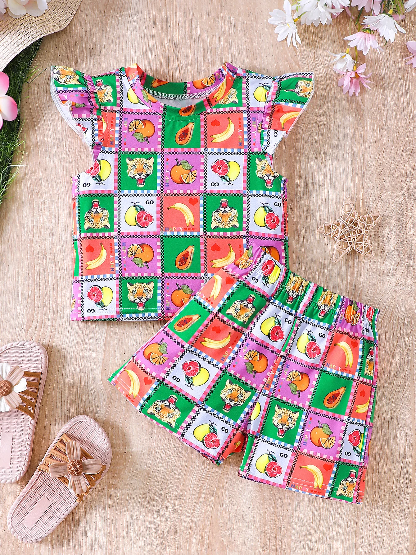 Girls' Summer New Children's Fun Set, Fruit Pattern Print Small Flying Sleeve Design Casual And Cool Two-Piece Set