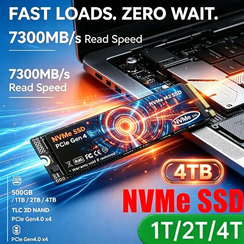 SSD M.2 NVMe PCIe Gen4 x4 7300MB/s 2280 TLC 3D NAND, Unidade de Estado Sólido Interna de 4TB, SSD de Alta Velocidade para Jogos em PC Desktop e Laptop