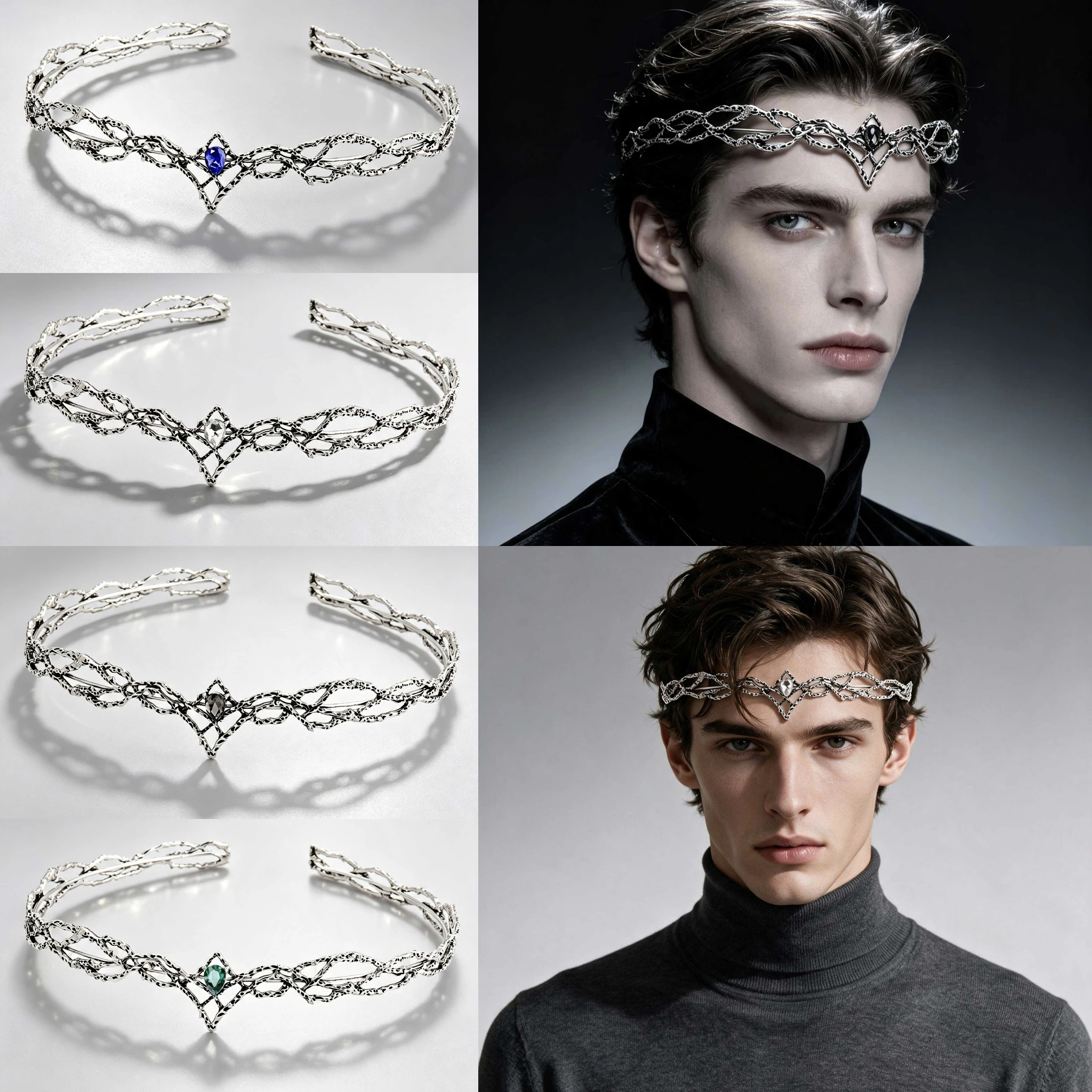 Vintage Branch Design Couple Tiara, Unisex Crystal Inlaid Diadem, Elf Crown for Party Cosplay Wedding Costume Hair Jewelry