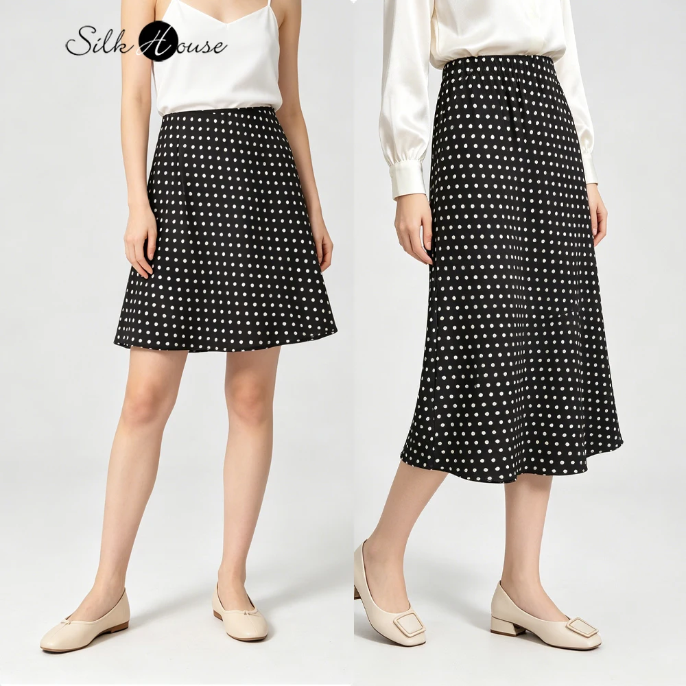 

Women's Casual Summer New French Polka Dot 100% Natural Mulberry Silk Plain Satin Elastic High Waist Slim Mermaid Skirt