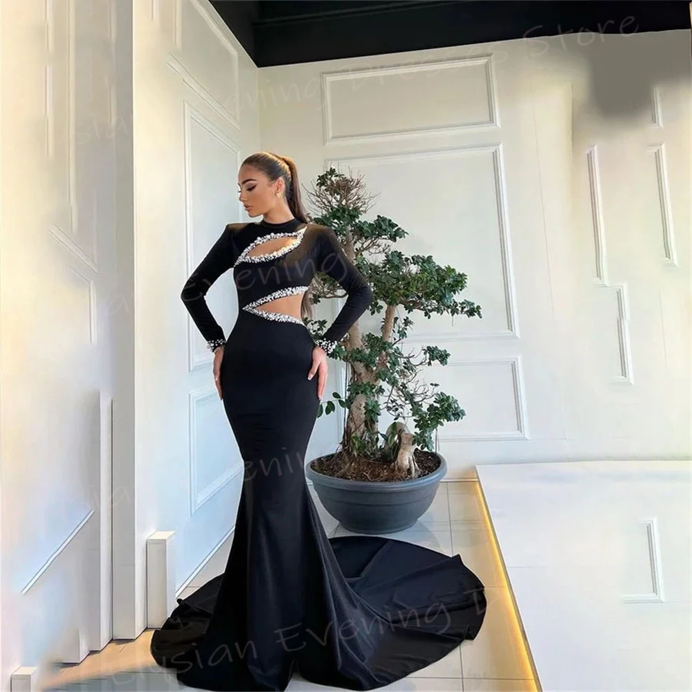 Charming Classic Black Women's Mermaid Modest Evening Dresses Simple Generous O Neck Long Sleeve Prom Gowns Beaded Robe De Bal