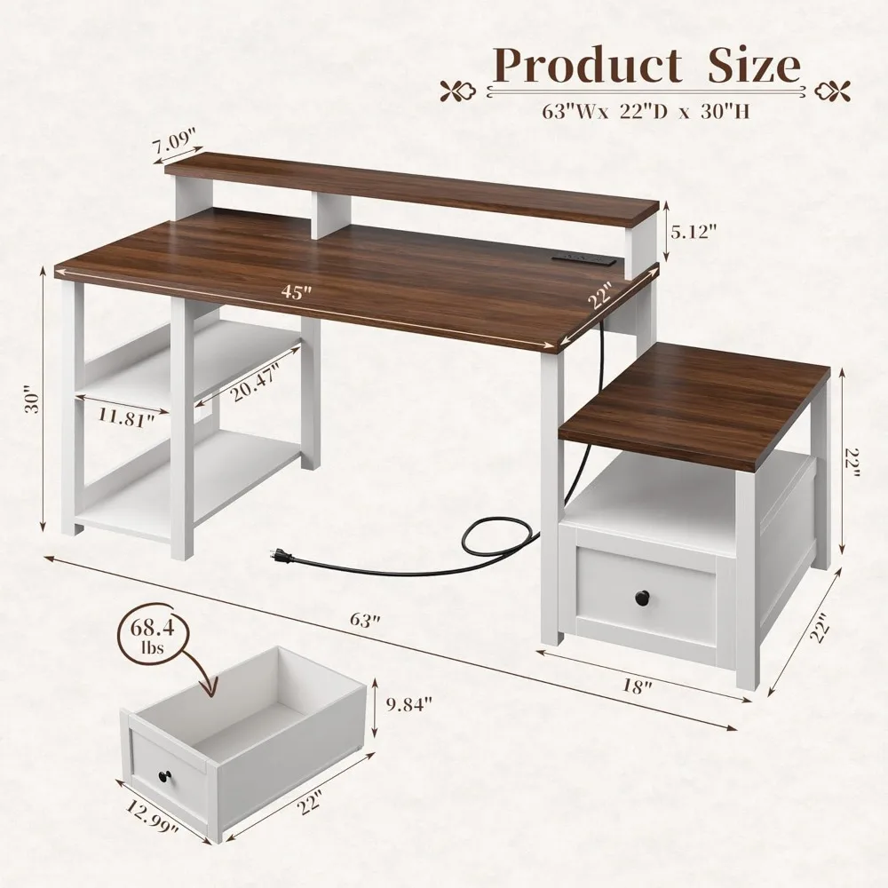 

63" Farmhouse-Style Computer Desk with Drawers, LED Lights, Storage Shelves & Power Outlets – Home Office Desk with Rustic Wood