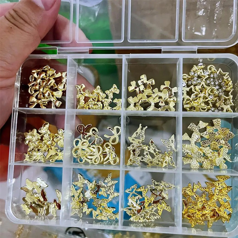 

120 шт./кор. Y2K украшения для ногтей в форме бабочки и банта, простые и легкие роскошные аксессуары для ногтей из золотого сплава, коробка для ногтей, сделай сам *