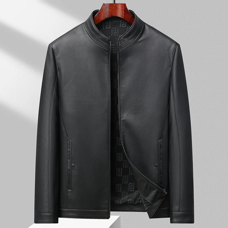 Men's Business and Leisure 2023 Autumn/Winter New High End Standing Collar Leather Jacket Coat