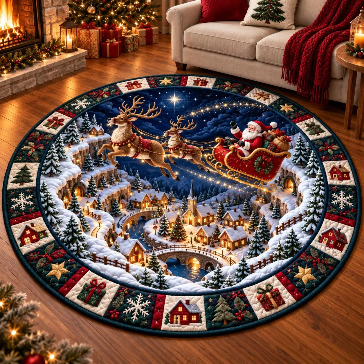 Beautiful Night Sky Reindeer Floor Mat Flying Sleigh Santa Round Rug Warm Cozy Bedroom Entryway Living Room Area Rug