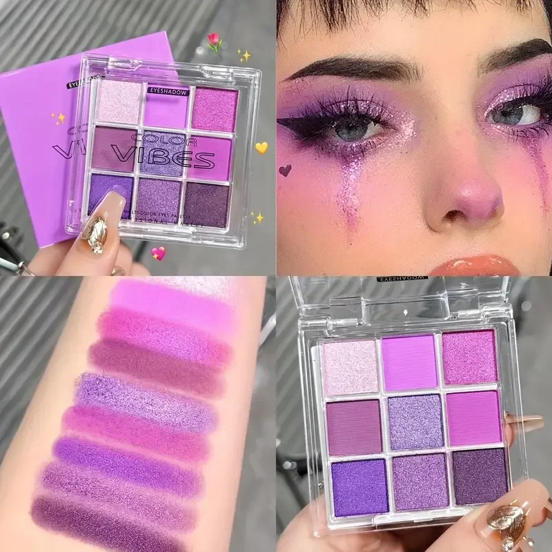 Paleta de sombras de ojos moradas de 9 colores: acabados mate y brillantes, maquillaje de sombra de ojos resistente al agua para fiestas y Navidad, cosméticos para mujeres