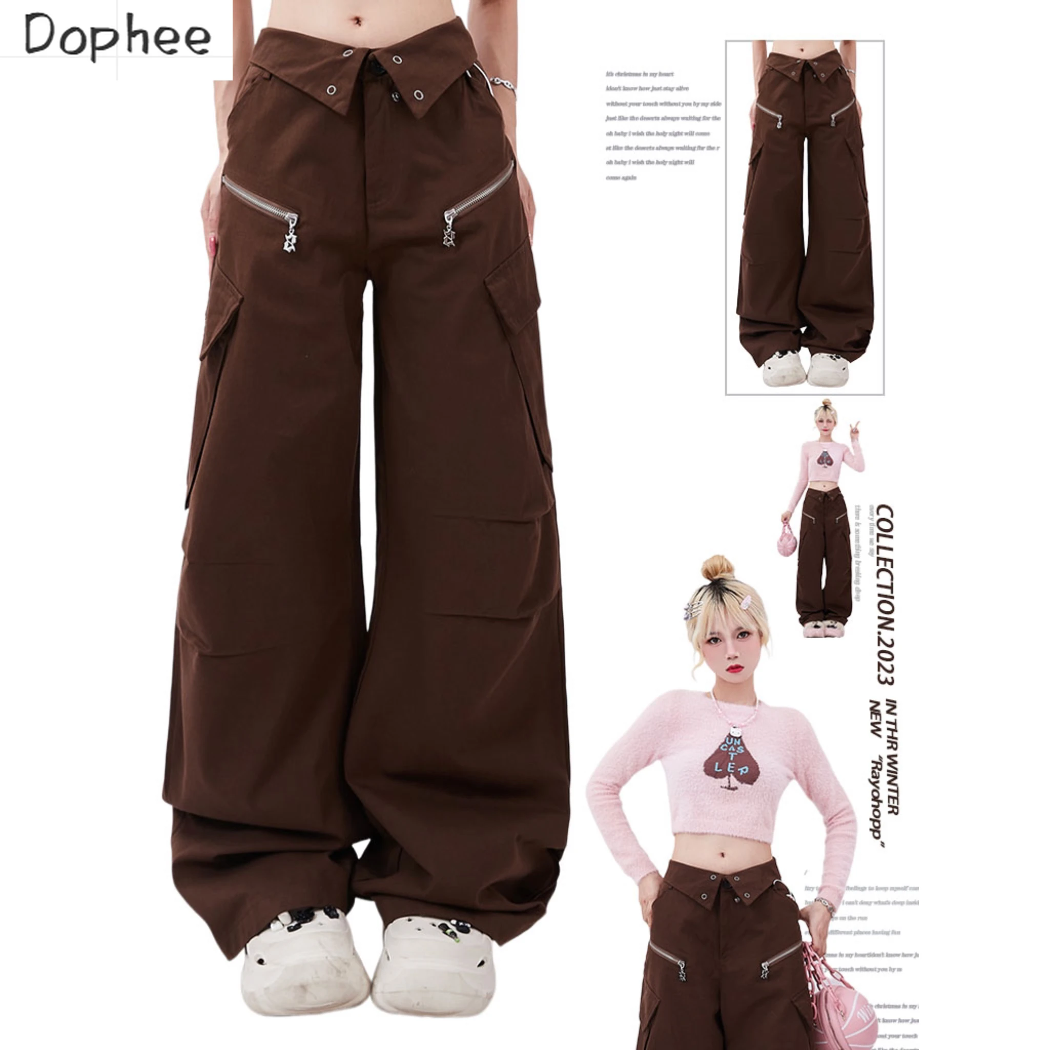 

Dophee Casual Cargo Pants New Autumn Dopamine Loose Straight Trousers Multi Pockets Spice Girls Streetwear Dance Pants Wide Leg