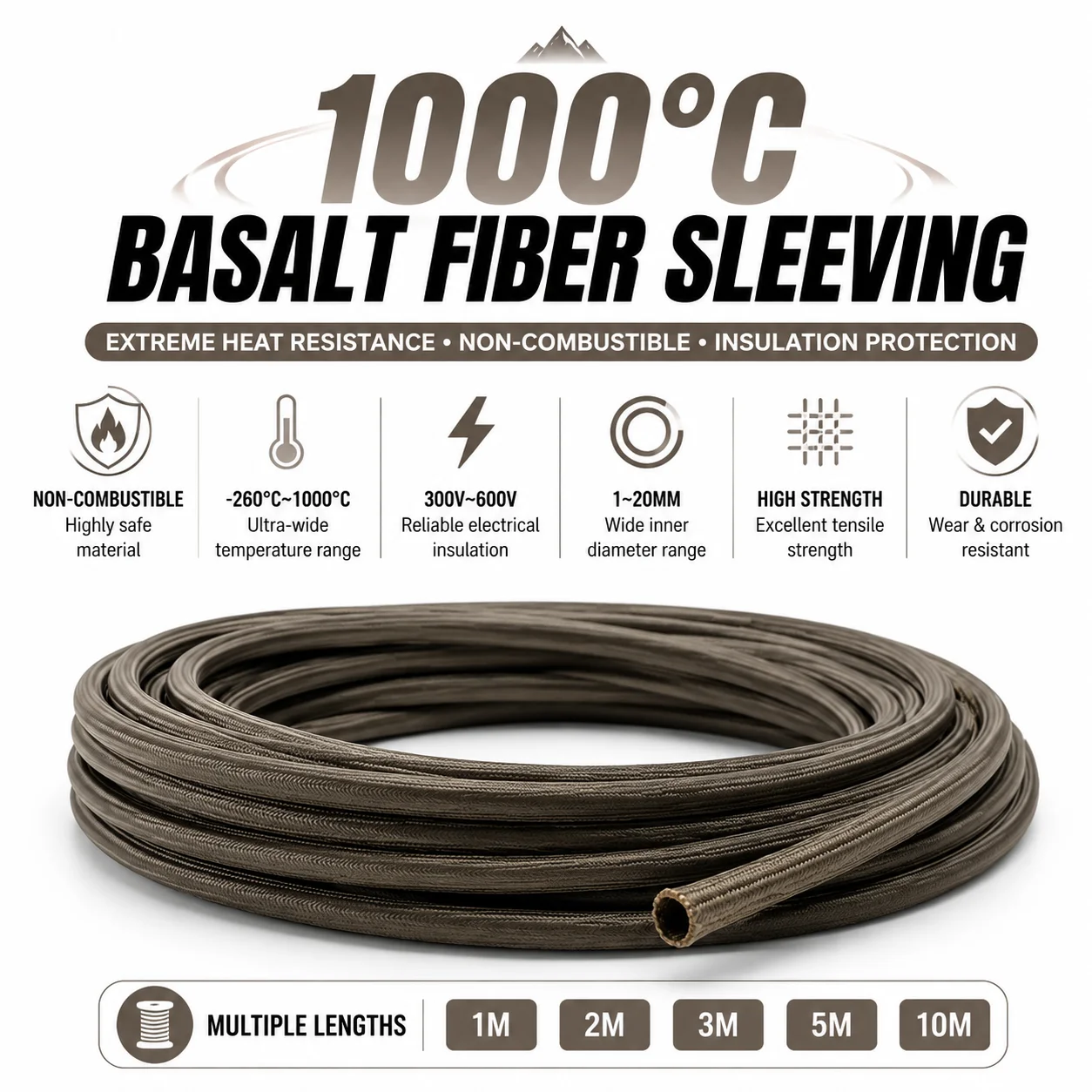 20/10/5/2M Inner Diameter 1000 Degree Basalt Fiber Pipe 1-20mm Fireproof, Heat-insulating, High-strength and Wear-resistant