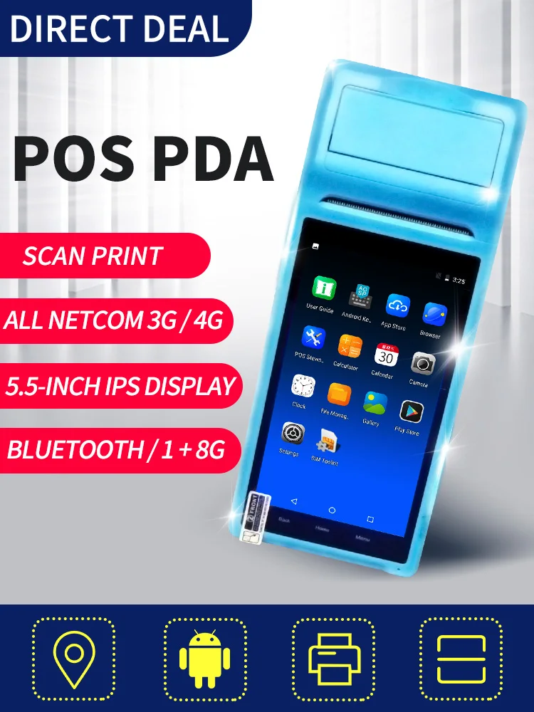 POS Android 8.1 PDA Mini Receipt Printer 58mm GPS Handheld POS Terminal NFC Bluetooth WIFI 4G GPS Camera PDA Support OTG