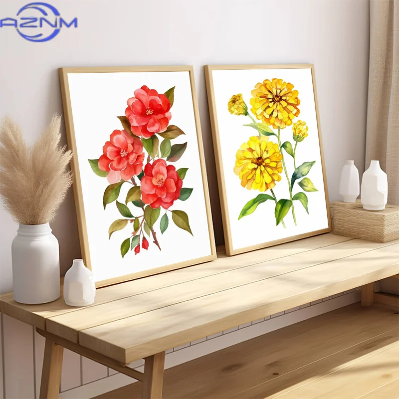 Beautiful Tulip Marigold Lotus Hydrangea Rose Lily Phalaenopsis Watercolor Poster Canvas Paintings Wall Art Pictures Home Decor