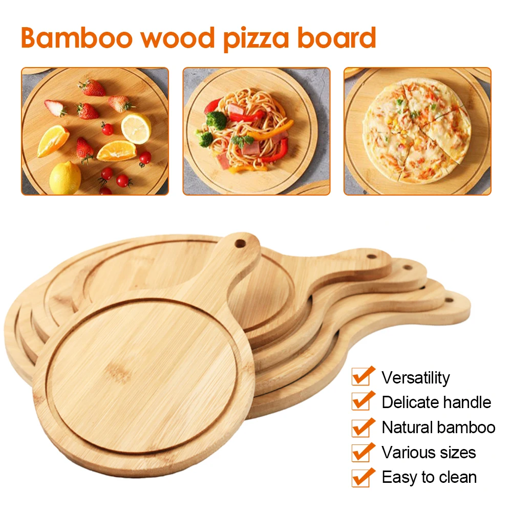 8/12/13 Inch Bamboo Pizza Board Round with Handle Pizza Baking Tray Pizza Cake Cutting Board Platter Pizza Wooden Cake Bakeware