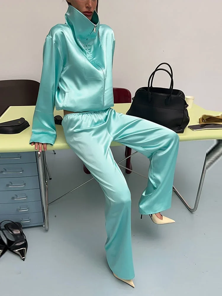 Herbst Damen Mintgrüner Satin 2-Teiliger Anzug Stehkragen Reißverschluss Vorne Lose Langarm-Bluse Weite Hose Urlaubs-Matching-Anzug – Detail 26