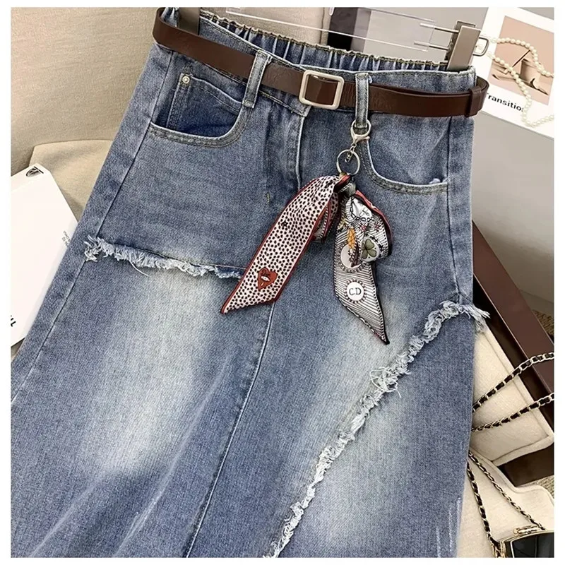 High waisted Denim Skirt 5XL Women 2024 New Slim Vintage Tassel Jeans A-line Skirts Casual Women\'s Long Skirt Street Clothing