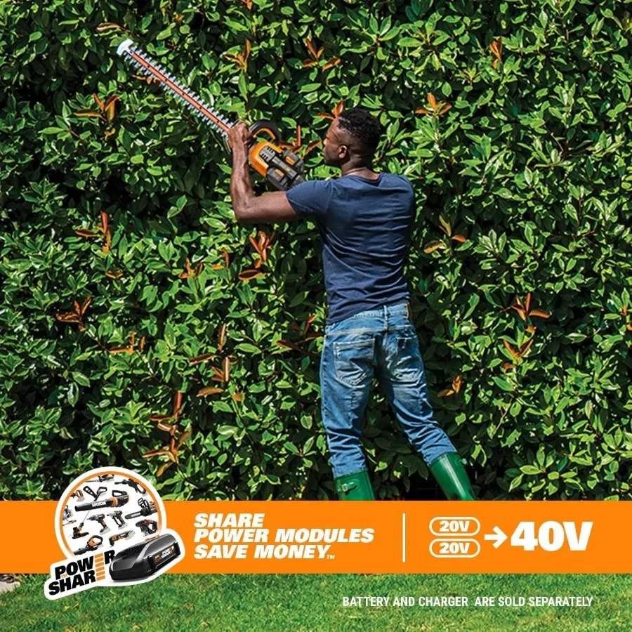 Pemangkas Pagar Tanpa Kabel WG284.9 26 40V, Pemangkas Pagar Listrik dengan Pisau DualAction, Pemangkas Semak Tanpa Sikat dengan Rotasi 180 Derajat