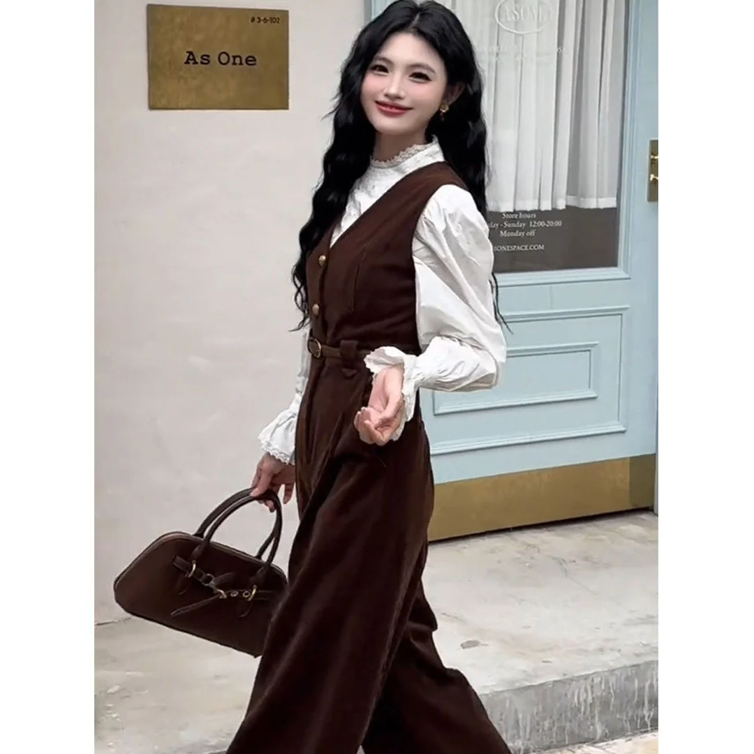 

Ele Retro White irt Slim Fit Jumpsuit Women's Faion Set Autumn New Sle High End Feelings Two Piece Suit Casual Wear