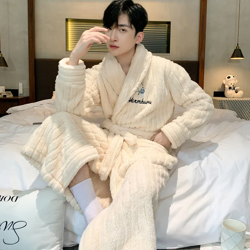 Autumn Winter New Bathrobe Men Warm Coral Fleece Nightwear Loose Kimono Robe Shower Sleepwear with Pocket Thick Home Clothes