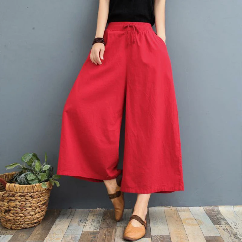 Cotton Linen Wide Leg Summer Pants Women Plus Size Loose Casual Pants Vintage Thin Nine Points Culottes Pants Free Shipping Item