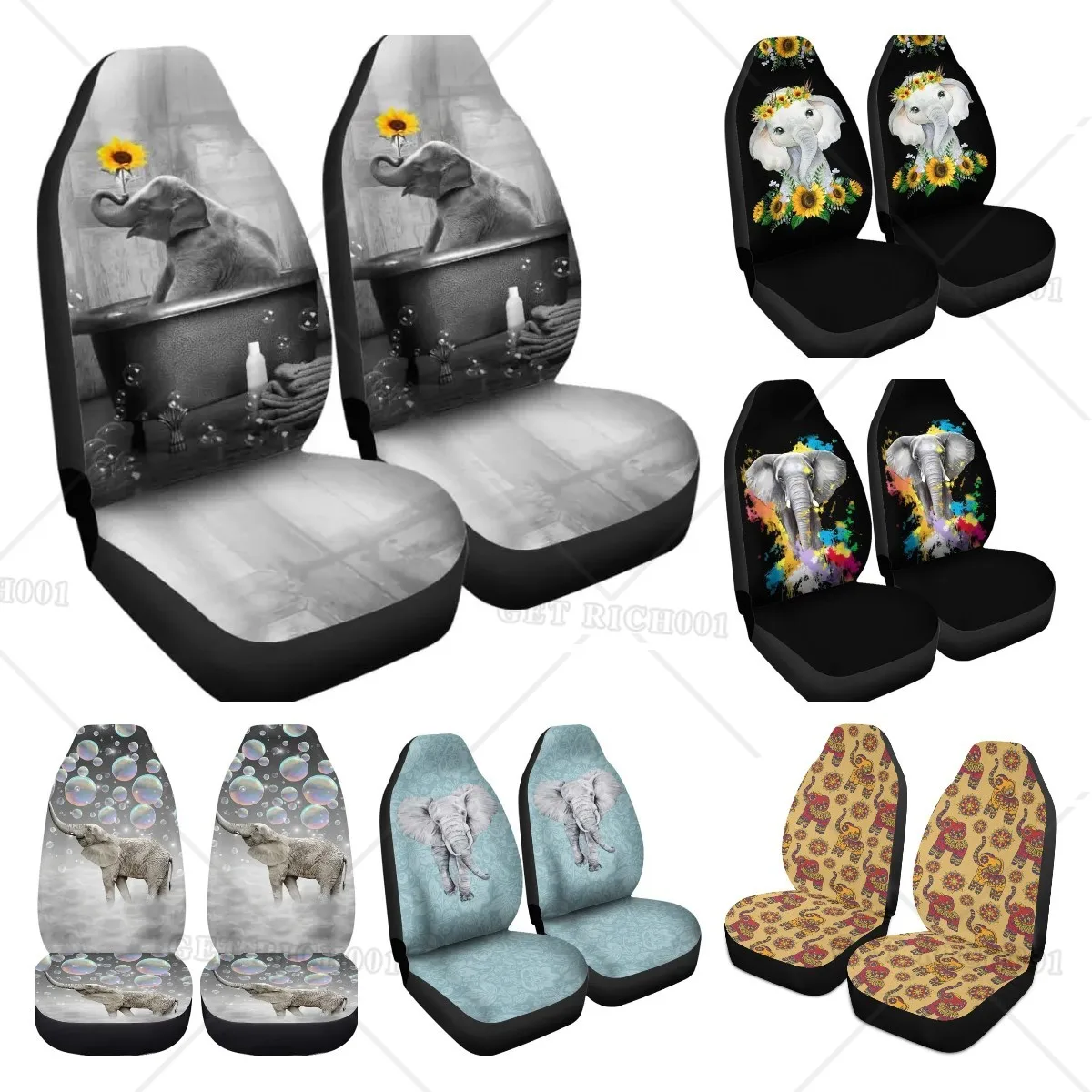 

Car Seat Cover Baby Elephant Funny Animal Elephant Bathing In The Bathtub with Sunflower Auto Front Car Seat Covers Set of 2